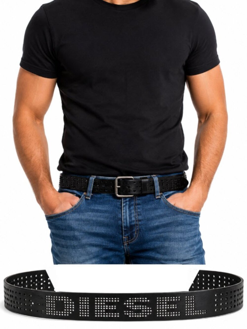 Diesel Black Perforated Genuine Leather Belt Made Italy Y2K 90/36